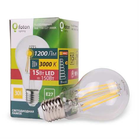 FL-LED Filament A60 15W E27 3000К 220V 1650Лм 60*108мм FOTON_LIGHTING - лампа груша прозрачная - фото 19844