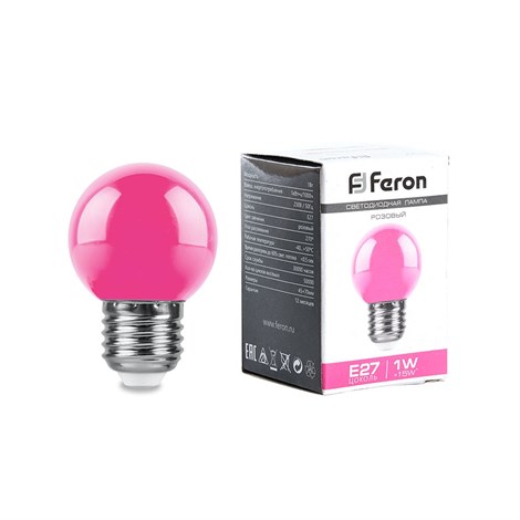 Лампа светодиодная Feron LB-37 Шарик E27 1W 230V Розовый - фото 60357