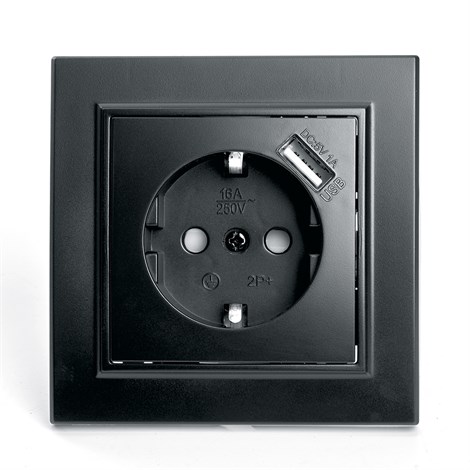 Розетка 1-местная c/з и с USB STEKKER, PST16-9011-03, 250В, 16А, с защитной шторкой, серия Эрна, черный - фото 63003