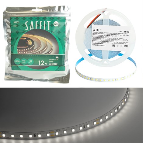 SST02 SAFFIT 120SMD(2835)/м 9.6Вт/м 12V 5000*8*1.22мм 4000К, IP20 - фото 72751
