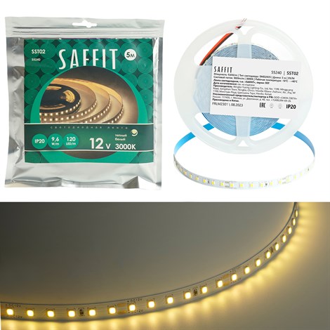 SST02 SAFFIT 120SMD(2835)/м 9.6Вт/м 12V 5000*8*1.22мм 3000К, IP20 - фото 72783