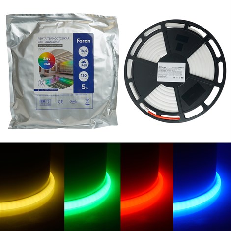 Лента светодиодная, 120SMD(4040)/м 14.4Вт/м 24V 5000*13*13мм RGB, IP68, неоновая LS551 FERON - фото 73198