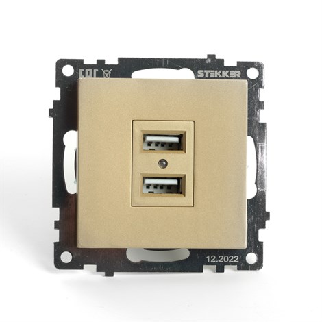 Розетка 2-местная USB (механизм), STEKKER, GLS10-7115-08, 250В, 2,1А, серия Катрин, золото - фото 73876