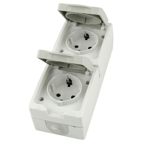 Розетка 2-местная с крышкой с/з STEKKER PST16-22-54V, пластик АВS, 250В, 16А, IP54,  белый/серый - фото 78034
