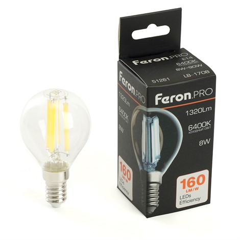 Лампа светодиодная Feron.PRO LB-1708 Шарик E14 1320LM 8W 175-265V 6400K - фото 80423