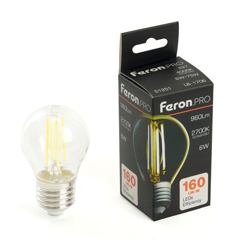 Лампа светодиодная Feron.PRO LB-1706 Шарик E27 960LM 6W 175-265V 2700K - фото 81367