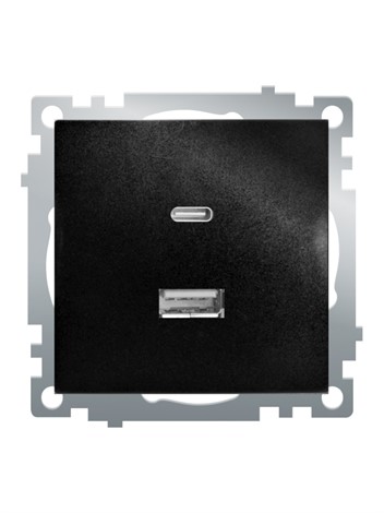 Розетка 2-местная USB + type C (механизм), STEKKER GLS10-7116-05, 250B, 3А, серия Катрин, черный - фото 85579