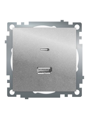Розетка 2-местная USB + type C (механизм)), STEKKER GLS10-7116-03 , 250B, 3А, max 20W, серия Катрин, серебро - фото 85580