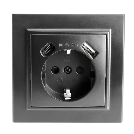 Розетка 1-местная с/з STEKKER, PST16-9016-03, 250В, 16А с USB+ type C, серия Эрна, черный - фото 95915