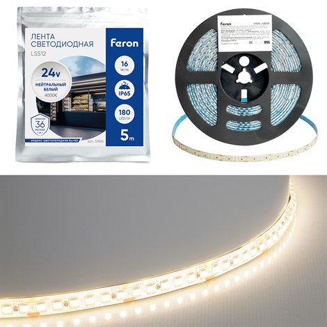 Светодиодная LED лента Feron LS512, 180SMD(2835)/м 16Вт/м 24V 5000*10*2.3мм 4000К IP65 - фото 96346