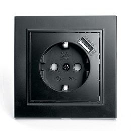 Розетка 1-местная c/з и с USB STEKKER, PST16-9011-03, 250В, 16А, с защитной шторкой, серия Эрна, черный