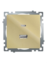 Розетка 2-местная USB + type C (механизм), 250В, 3А, max 20W, STEKKER, GLS10-7116-08, серия Катрин, золото