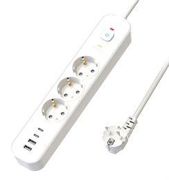 Сетевой фильтр 3-местный с/з STEKKER 3x1мм2, 1,8 м, 250В, 16А, 2 USB-A+2 Type-C, серия Nova, белый