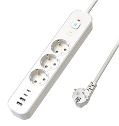 Сетевой фильтр 3-местный с/з STEKKER 3x1мм2, 5 м, 250В, 16А, 2 USB-A+2 Type-C 3, серия Nova, белый