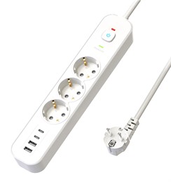 Сетевой фильтр 3-местный с/з STEKKER 3x1мм2, 3 м, 250В, 16А, 2 USB-A+2 Type-C 3, серия Nova, белый