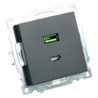 Розетка 2-местная USB + type C (механизм), STEKKER GLS10-7116-05, 250B, 3А, серия Катрин, черный - фото 91549
