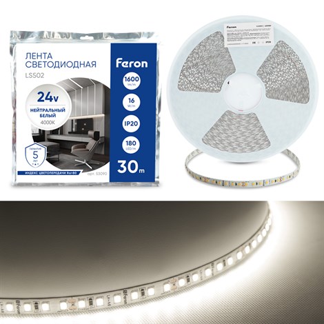 Светодиодная LED лента Feron LS502, 180SMD(2835)/м 16Вт/м 24V 30000*10*1.22мм 4000К 30м IP20 - фото 103810