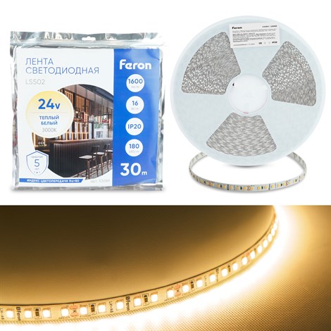 Светодиодная LED лента Feron LS502, 180SMD(2835)/м 16Вт/м 24V 30000*10*1.22мм 3000К 30м IP20 - фото 103819